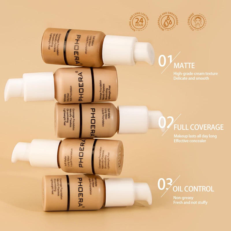 PHOERA Foundation Makeup Naturally Liquid Foundation Full Coverage Mattle Oil-Control Concealer 8 Colors Optional,Great Choice For Gift (#105 Sand,30ml) - Image 5